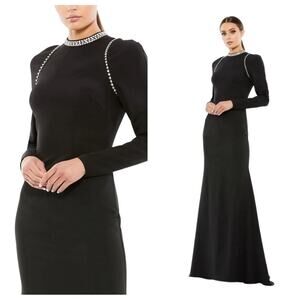 NWT IEENA for MAC DUGGAL 26612 Black Rhinestone Long Sleeve High Neck Gown Women